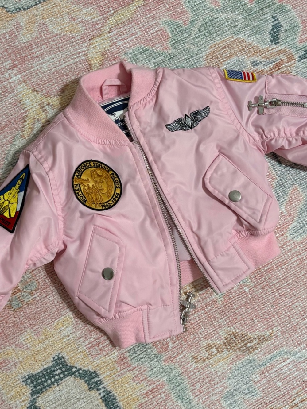 Kids Pink Up And Away Bomber Jacket with Patch Details